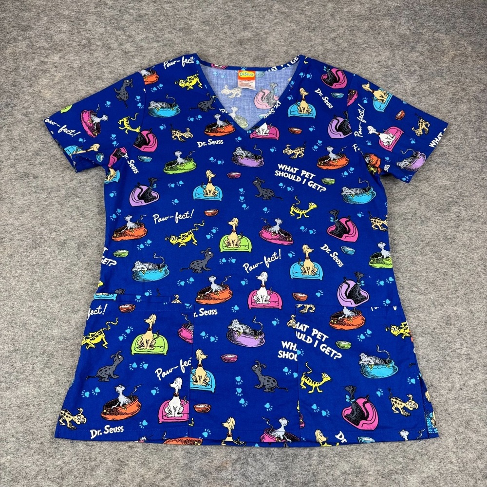 Dr. Seuss Scrub Top What Pet Should I Get? Cotton Blue Womens XS - Picture 2 of 9